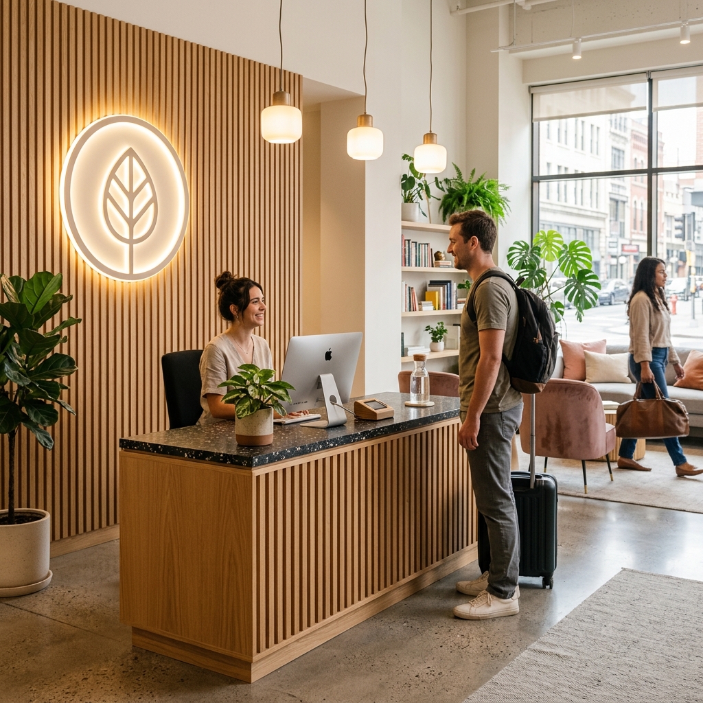 A bright, modern reception desk at a premium hostel